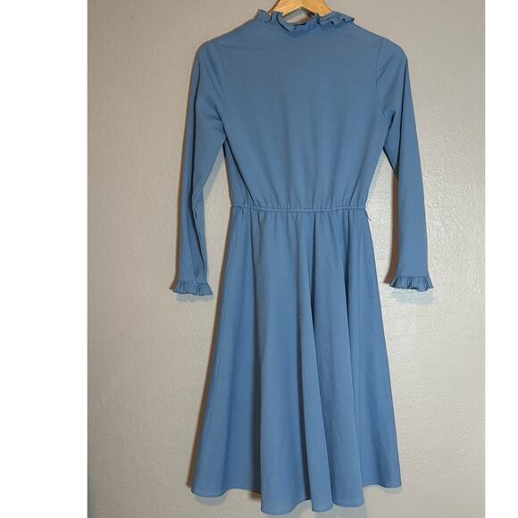 Vintage 70s Blue Retro Secretary Ruffle Dress Small Modest Midi Cottagecore - Picture 4 of 9